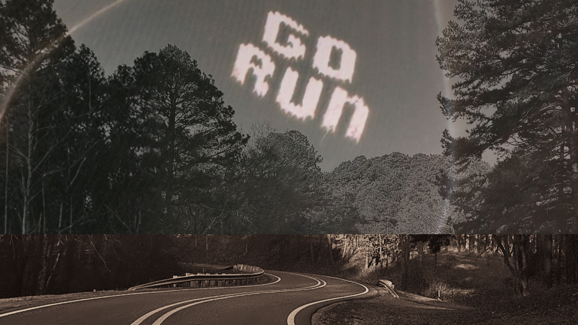 Winding road through a forest with 'GO RUN' text overlayed.