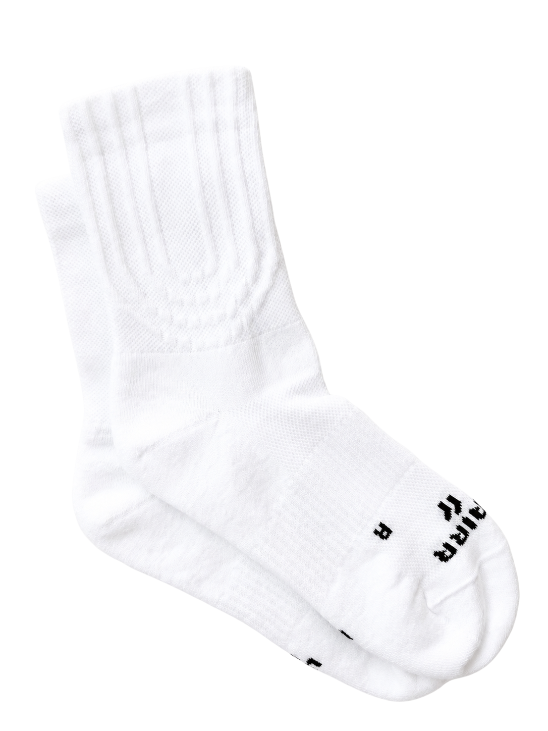 White PAIRR “The 400” crew socks displayed on a bright white background, featuring a ribbed athletic cuff with tonal track-inspired texture detailing, breathable knit construction, and minimal black accents for a classic performance-driven look.