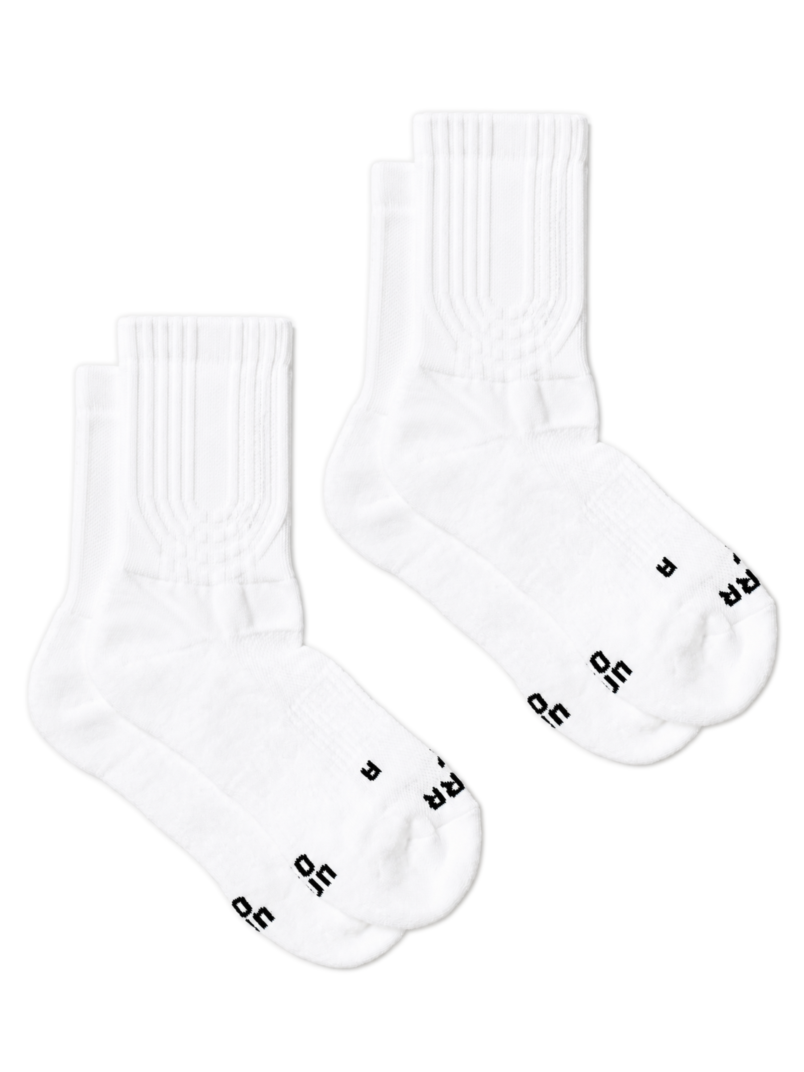 Two pairs of white crew socks with black lettering on the toes, arranged on a plain white background.