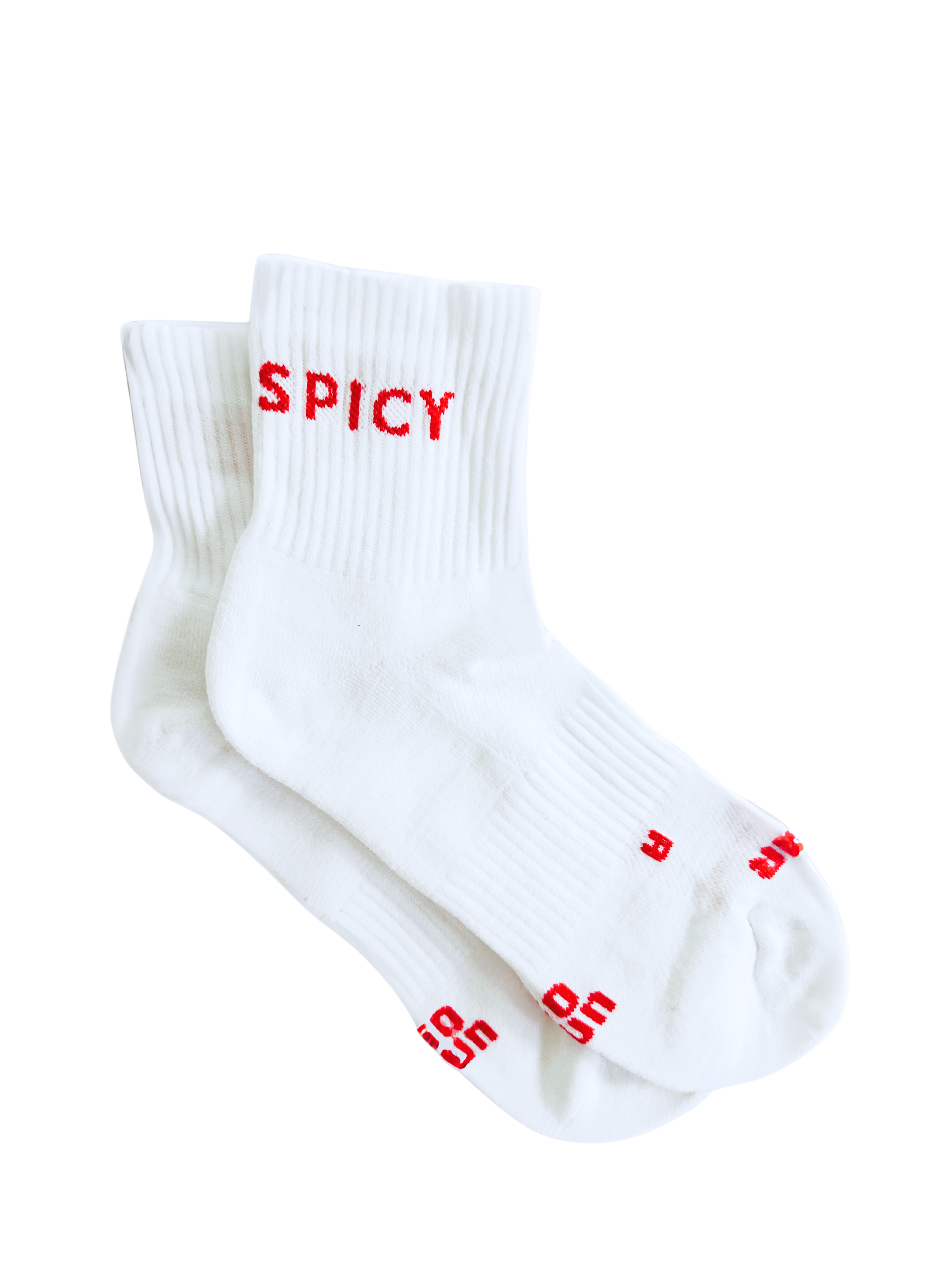 photograph of the pairr socks in style spicy. Writing is red for the word spicy on the white coloured sock with ribbed cuff