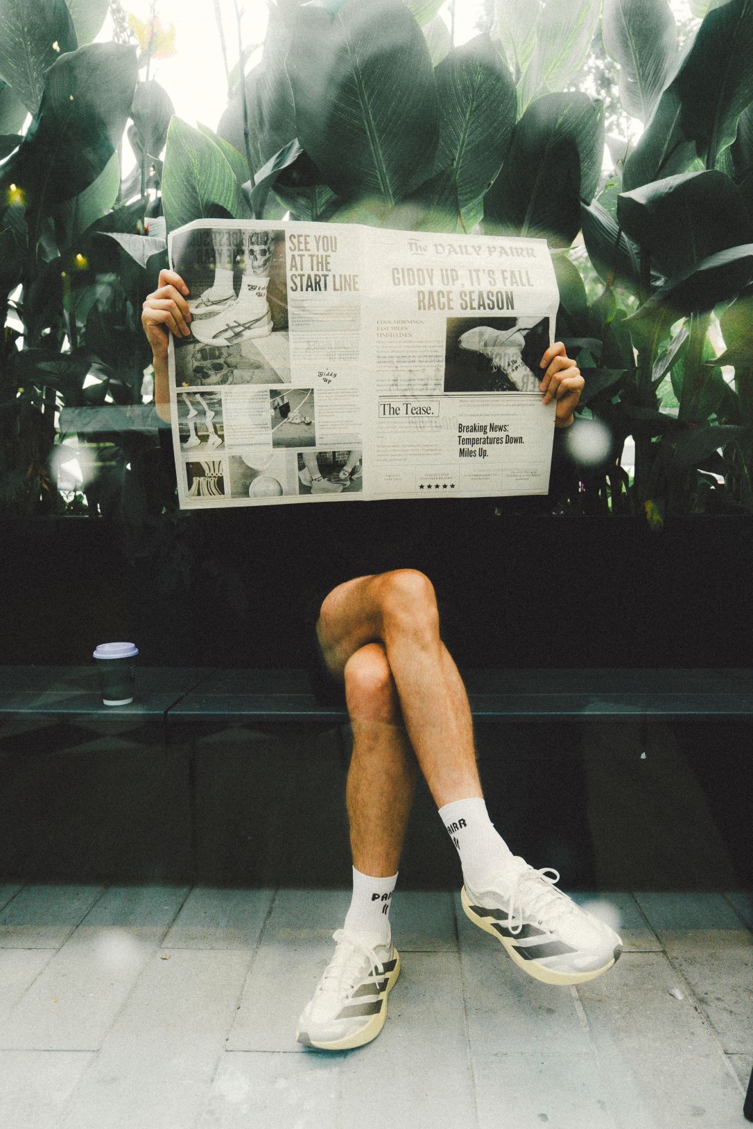 A person sitting on a bench in a tropical garden setting, holding a newspaper in front of their face. They are wearing white crew running socks PAIRR and Adidas running shoes