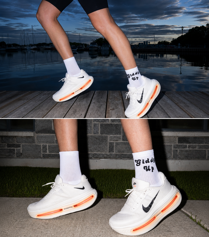 PAIRR GIDDY UP polypropylene running socks worn with running shoes in White quarter-length style