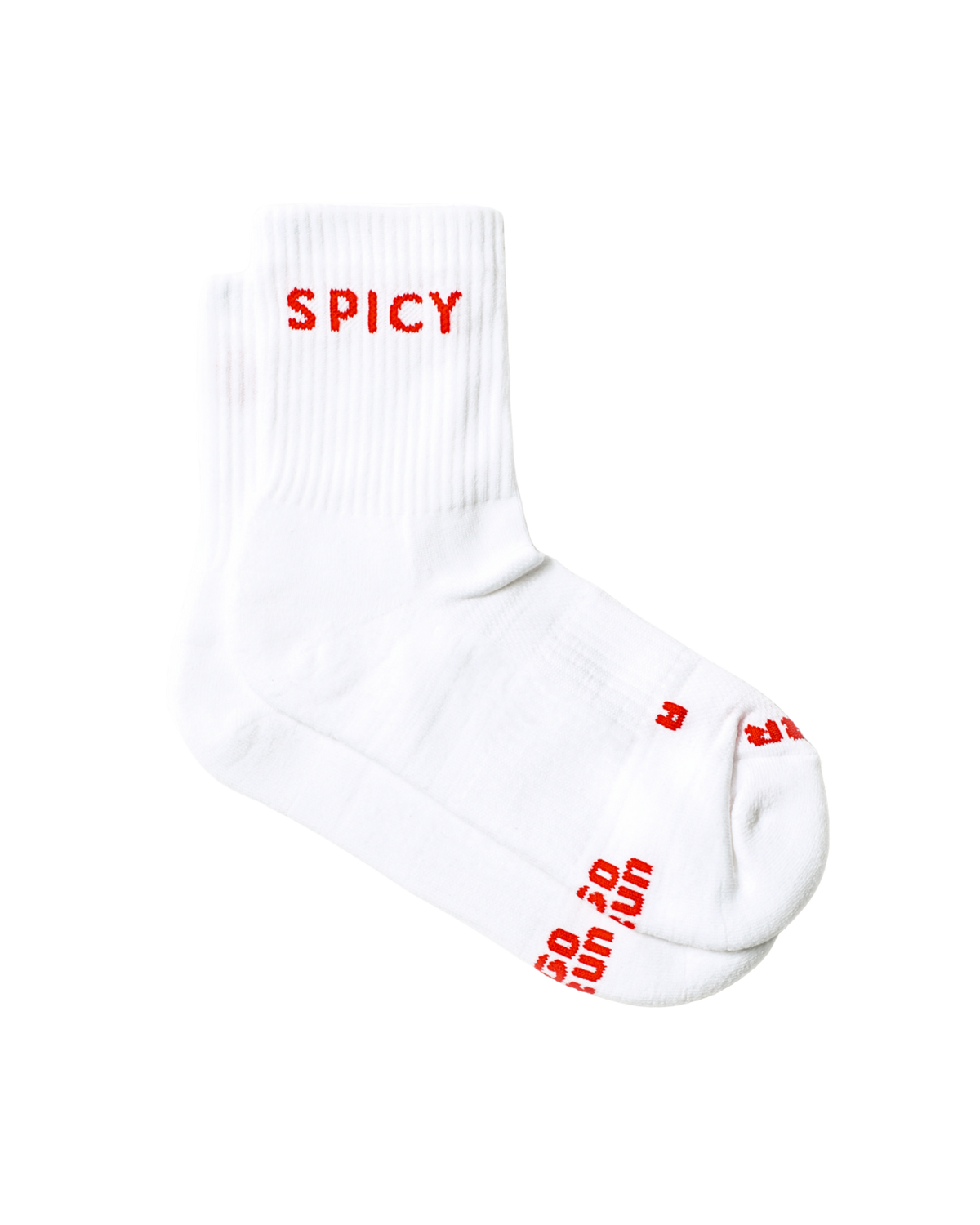 PAIRR running socks with the word "spicy in red"