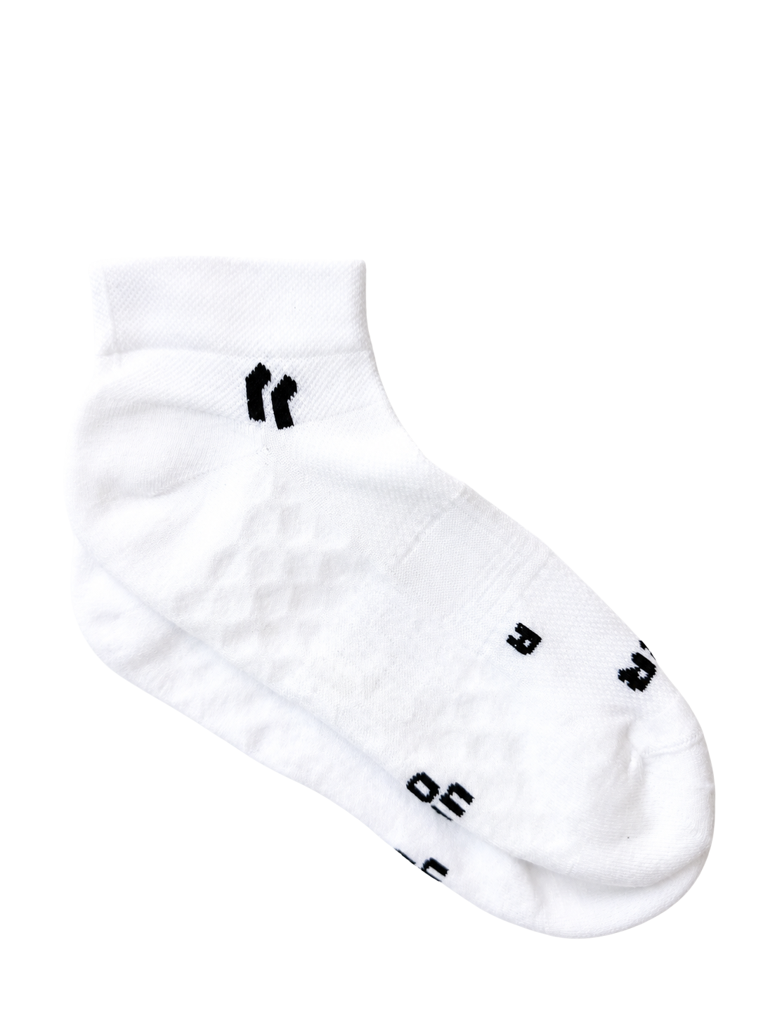White PAIRR “Stride” ankle socks photographed on a clean white background, featuring a lightweight low-cut silhouette, breathable textured knit zones, and black logo detailing for a minimal performance-inspired look.