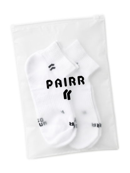 STRIDE white ankle running sock 2-pack in bag. PAIRR Performance running socks Canada brand 