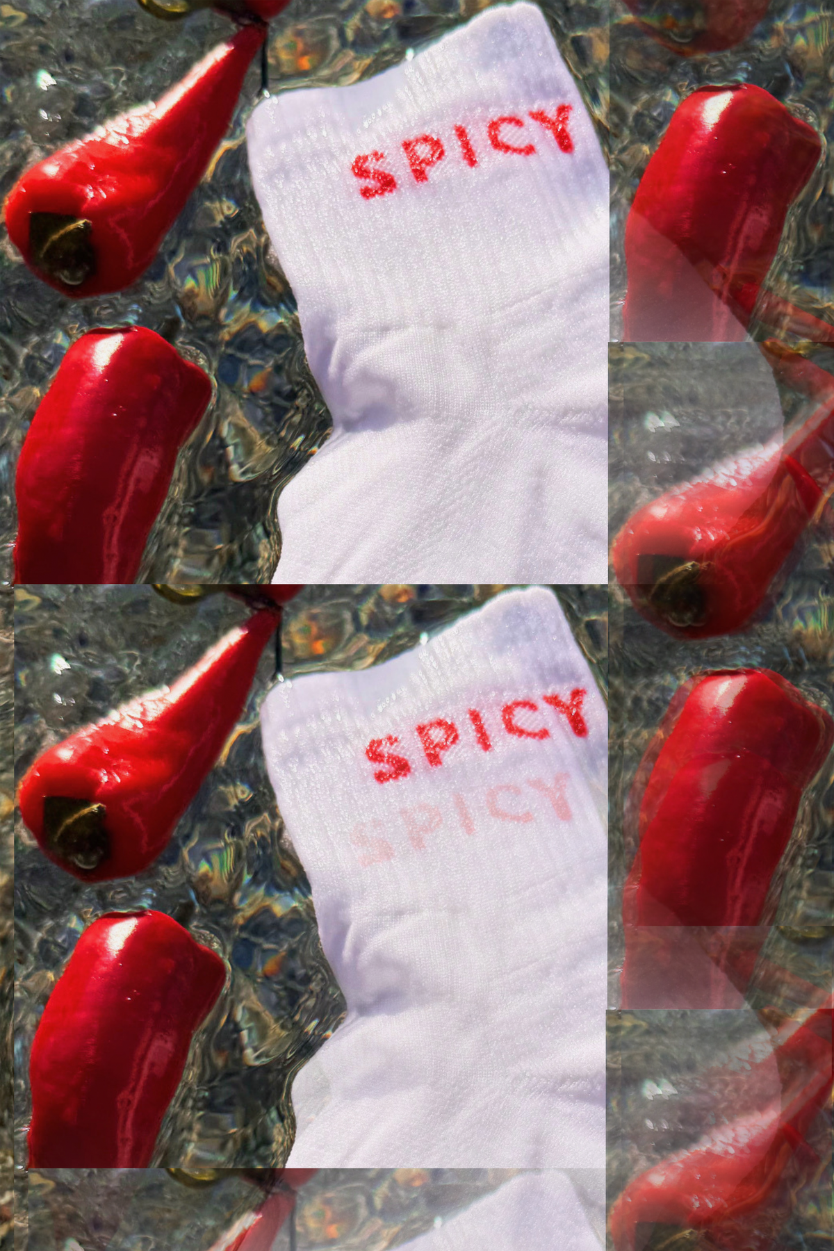 A white ribbed running sock with 'SPICY' printed in red across the top, shown in a collage layout surrounded by glossy red chili peppers on a textured dark background.