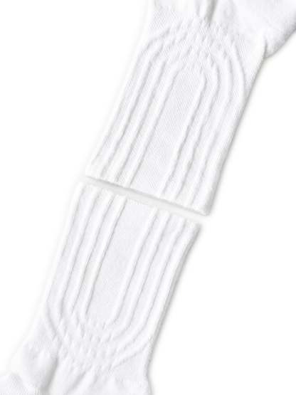 PAIRR Performance Running Socks Cuff in the shape of a running track. Cuff is white crew length.