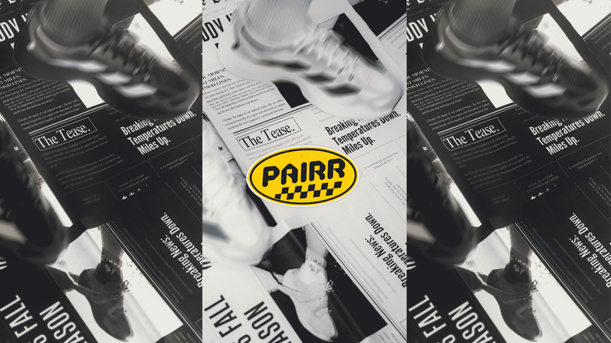 A collage-style promotional graphic featuring repeated black-and-white photos of a person's legs and feet wearing running sneakers, overlaid with magazine pages and a central oval logo that reads 'PAIRR'. The image is monochrome overall, with the central logo providing the main color accent.